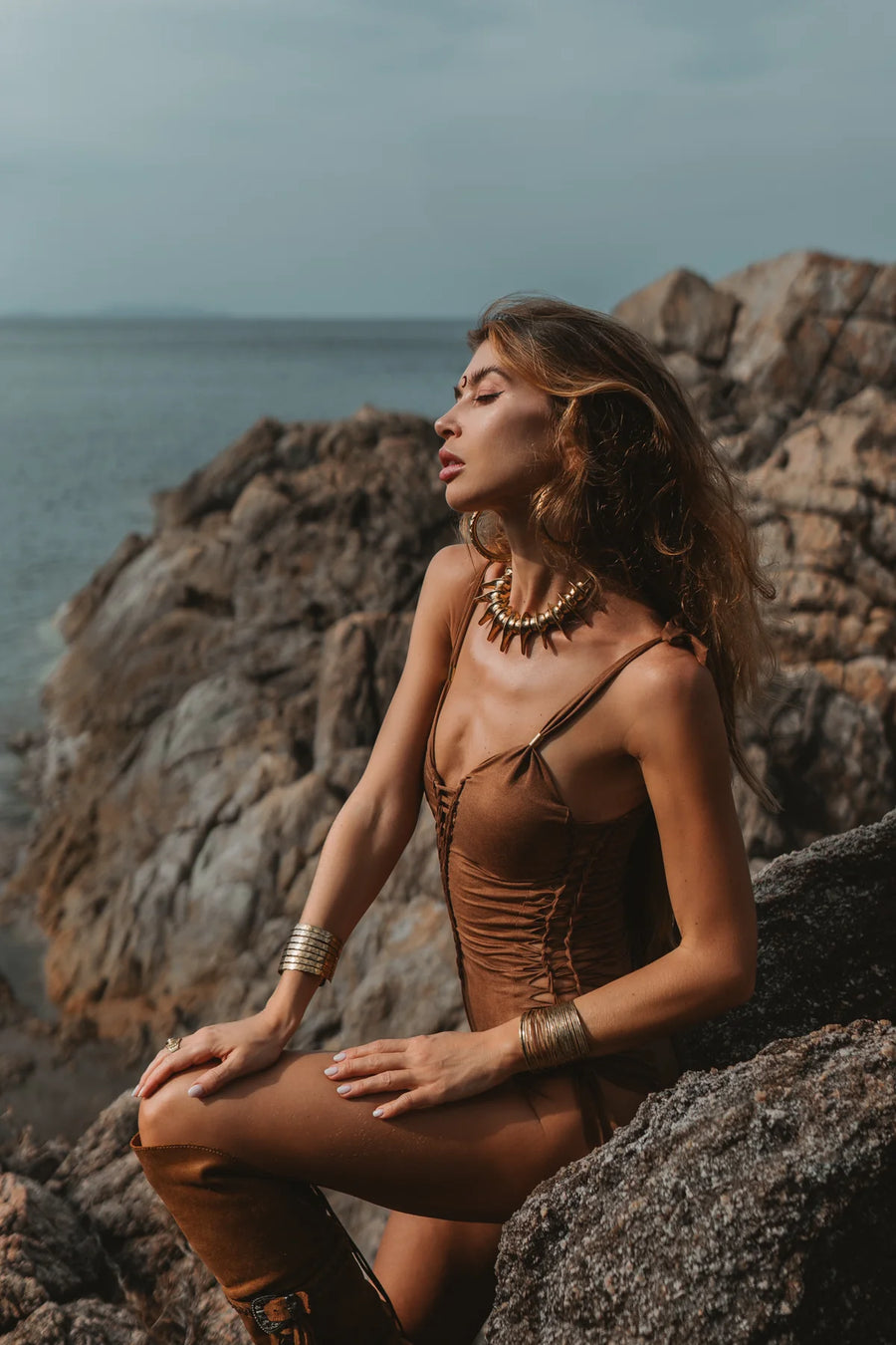 Suede Look Cinnamon Brown One Piece Swimsuit For Women "SIDE"